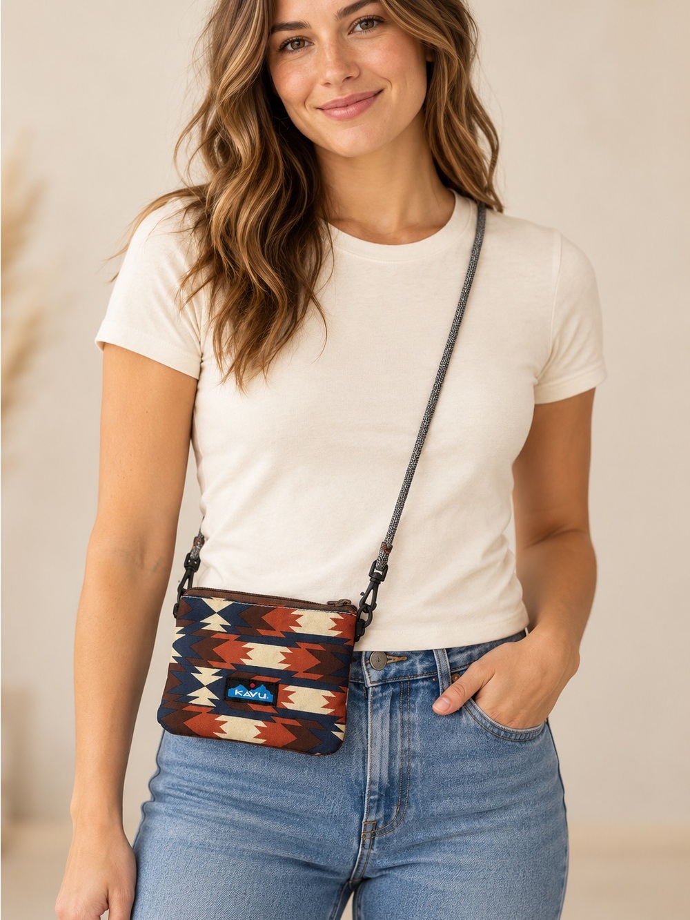 Kavu Southwestern Pattern Crossbody Bag in Navy, Rust, Cream